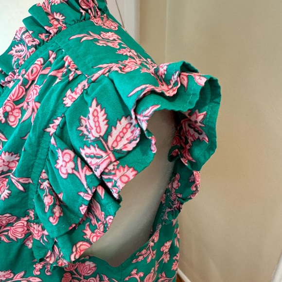JCREW Floral Sleeveless Ruffle Top Green Pink Button Up Vneck Flutter Sleeve - Picture 8 of 8